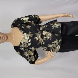 Eclair Black Gold Crepe Puff Sleeve Top